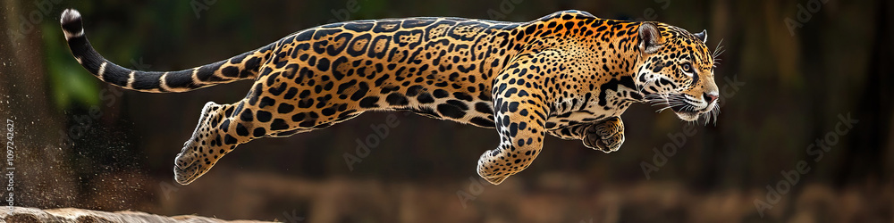 Naklejka premium An athletic jaguar leaps through the air with remarkable speed and strength.