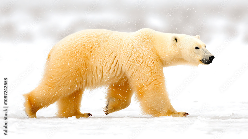 polar bear walking across snowy landscape, showcasing its thick white fur and majestic presence. serene environment highlights beauty of wildlife polar bear walking across snowy landscape, showcasing its thick white fur and majestic presence. serene environment highlights beauty of wildlife