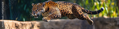 An athletic jaguar leaps through the air with remarkable speed and strength.