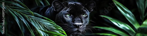 A black panther blends into the darkness of a moonlit jungle.