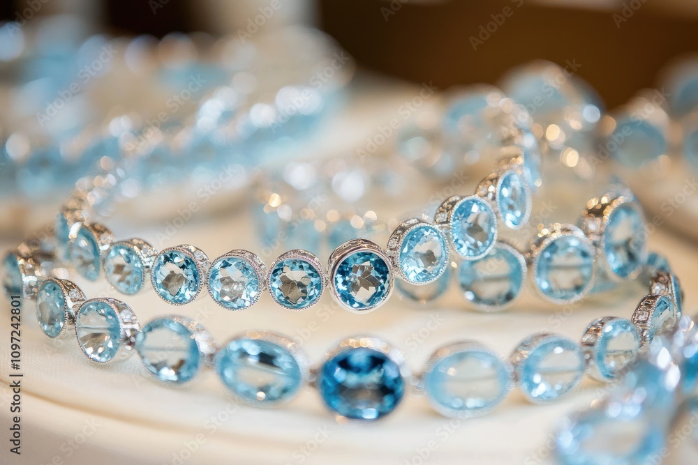Closeup of blue gemstone bracelets on display. Closeup of blue gemstone bracelets on display.