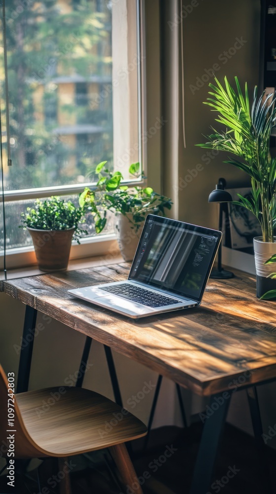 Wooden office desk setup