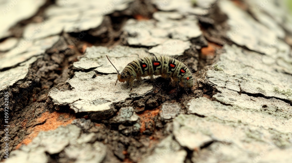 Obraz premium Colorful Caterpillar Crawling on Textured Bark Surface in Nature