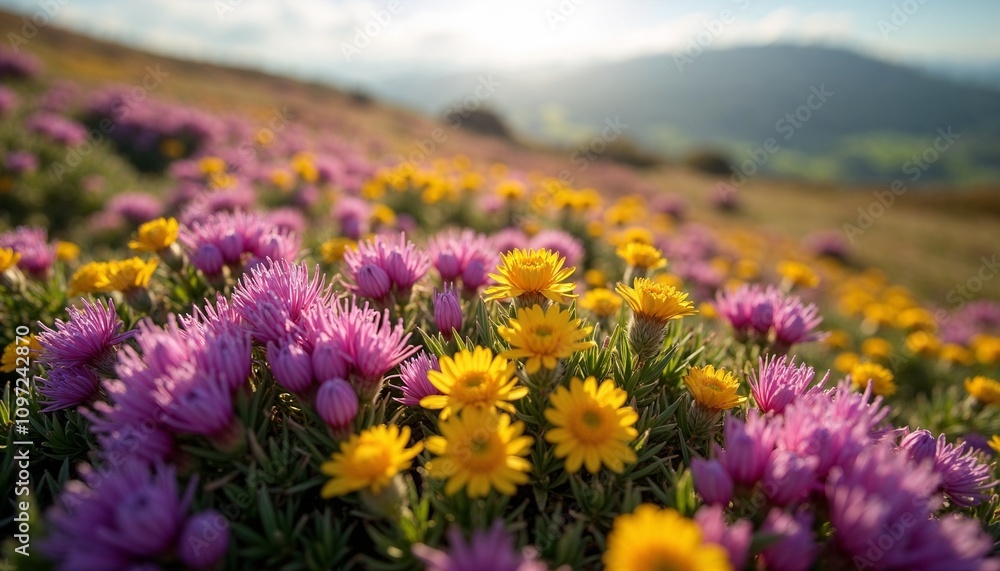 Obraz premium Close-up of vibrant purple heather and bright yellow gorse flowers on a sunlit hillside