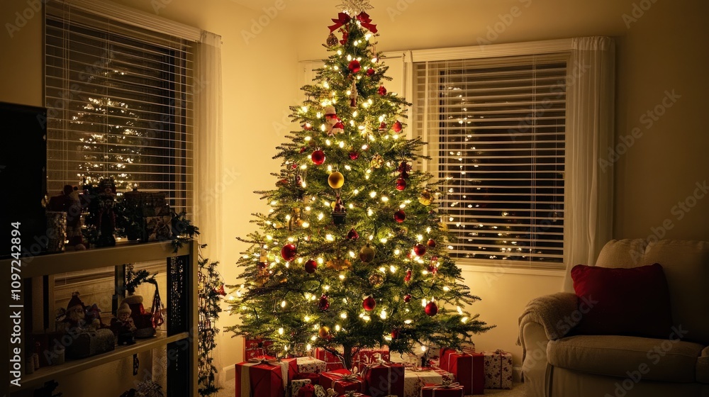 Cozy Christmas Tree with Lights and Gifts in Living Room Setting Cozy Christmas Tree with Lights and Gifts in Living Room Setting