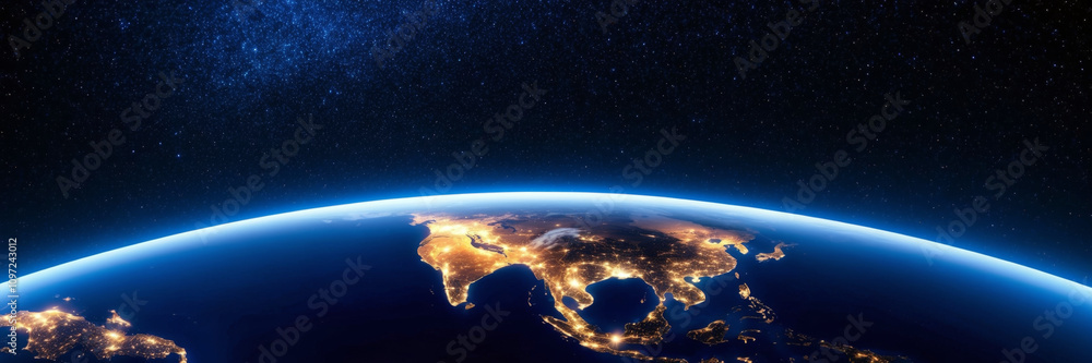 Fototapeta premium Stunning nighttime view of earth from space with visible city lights and starfilled sky
