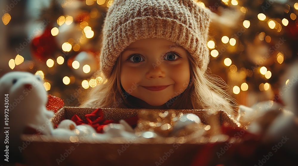 A child in a santa claus hat opens a christmas present while next to the christmas tree. A child in a santa claus hat opens a christmas present while next to the christmas tree.