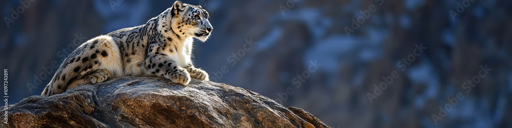 Naklejka premium A snow leopard perched atop a rocky outcrop, its fur glowing in the alpine sunlight.