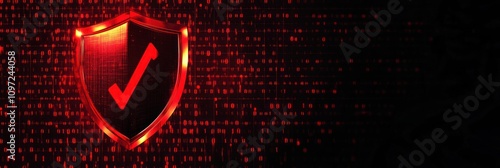 Red glowing shield with check mark on a digital binary code background. photo