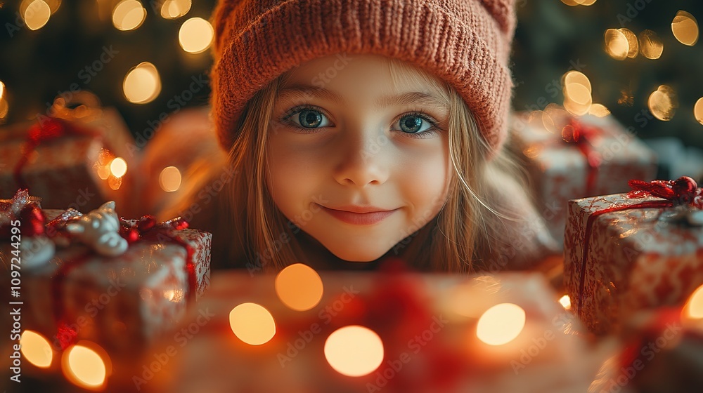 A child in a santa claus hat opens a christmas present while next to the christmas tree. A child in a santa claus hat opens a christmas present while next to the christmas tree.