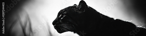 A black-and-white image of a big cat in silhouette, its features indistinct yet captivating. photo