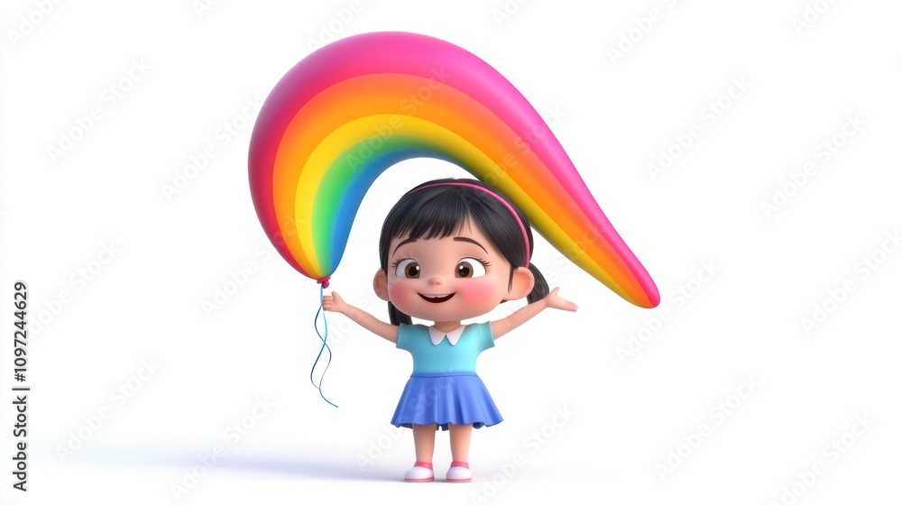 A cute cartoon girl with a rainbow balloon smiles happily.