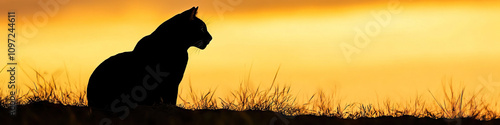 The majestic silhouette of a big cat at dusk, against the backdrop of a golden sky.