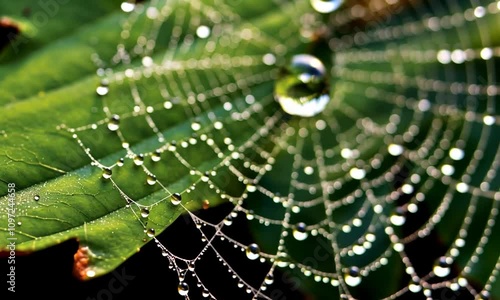 Spider web covered with water drops. Cobweb in morning dew