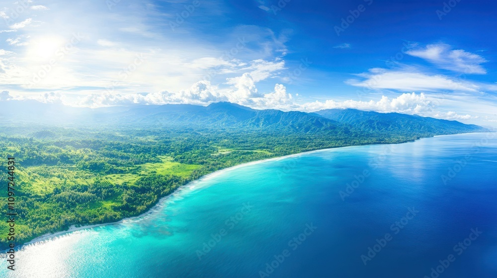 Breathtaking aerial view of a stunning landmass with vibrant coastlines, high mountains, and waters under the sun. Breathtaking aerial view of a stunning landmass with vibrant coastlines, high mountains, and waters under the sun.