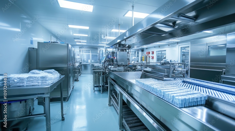 Food processing plant, conveyor belts with packaged goods, stainless steel machines, hygiene-focused Food processing plant, conveyor belts with packaged goods, stainless steel machines, hygiene-focused