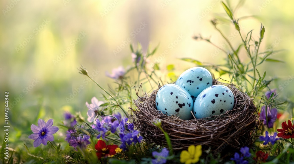 Blue Speckled Eggs Nestled in a Floral Meadow Blue Speckled Eggs Nestled in a Floral Meadow