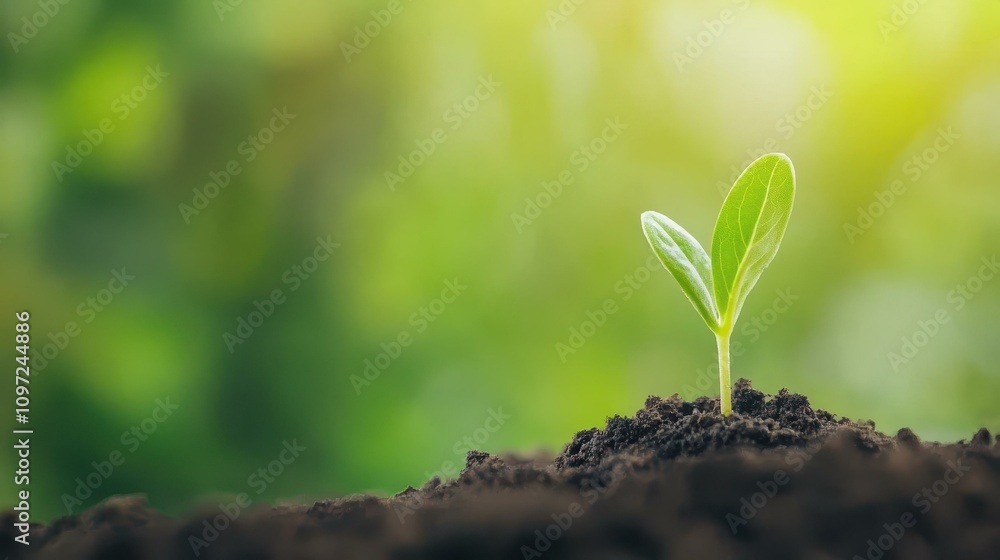 A vibrant sprout emerges from rich soil, showcasing natures resilience against a soft, blurred backdrop. A vibrant sprout emerges from rich soil, showcasing natures resilience against a soft, blurred backdrop.