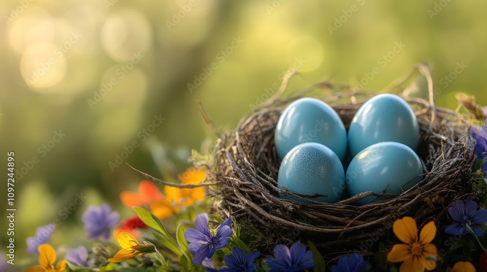 Serene Nest with Blue Eggs Surrounded by Colorful Flowers Serene Nest with Blue Eggs Surrounded by Colorful Flowers