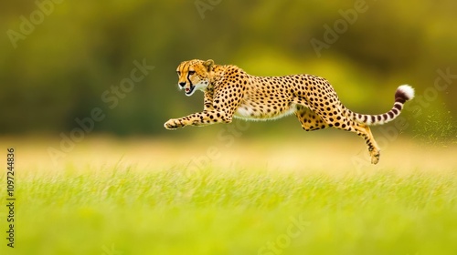 A cheetah dashes across the grass, showcasing its incredible speed while the background blurs in motion. Natures pure thrill photo