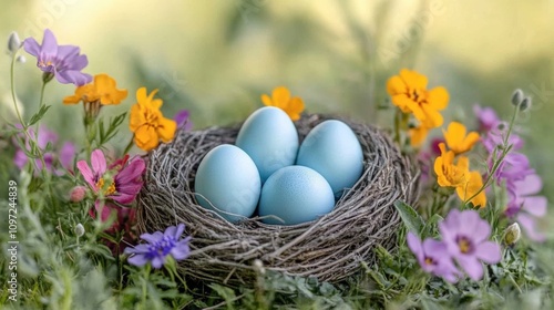 Serene Nest of Blue Eggs Surrounded by Vibrant Wildflowers