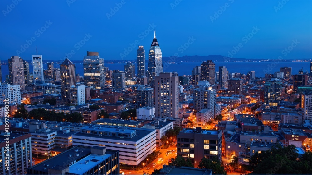 Fototapeta premium Generative AI, Dynamic Urban Skyline at Dusk