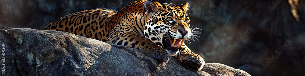 Naklejka premium Powerful Jaguar: A jaguar, teeth bared, perched atop a rock