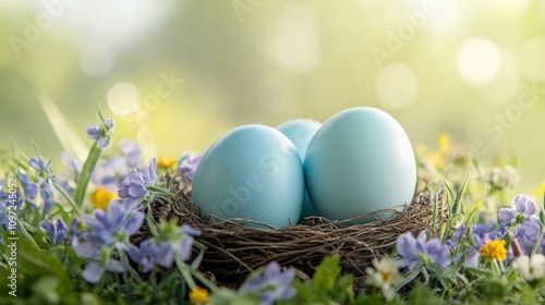 Tranquil Spring Nest with Blue Eggs Surrounded by Wildflowers