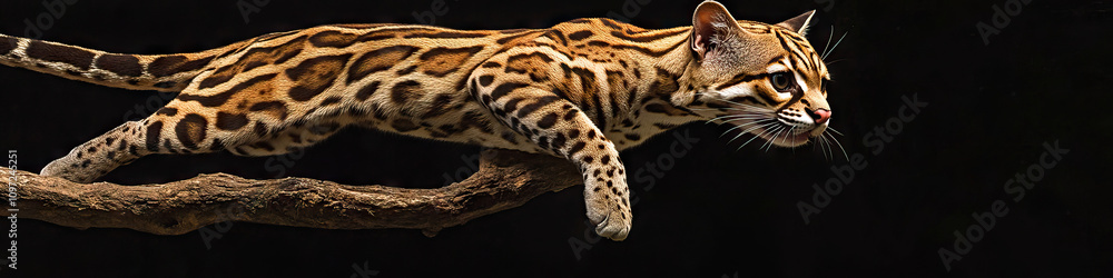 Naklejka premium Graceful Ocelot: An ocelot, mid-leap, with a branch in its paws