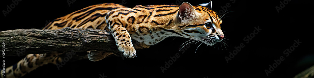 Obraz premium Graceful Ocelot: An ocelot, mid-leap, with a branch in its paws
