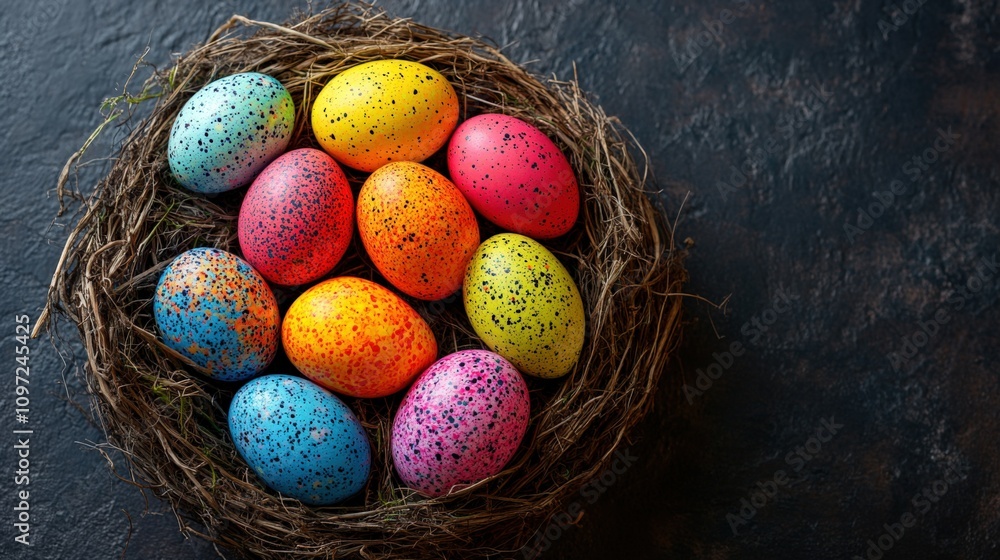 Vibrant Easter Eggs Nestled in a Rustic Bird's Nest Vibrant Easter Eggs Nestled in a Rustic Bird's Nest