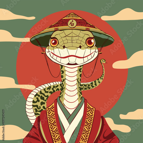 snake wearing traditional Chinese robes and a hat