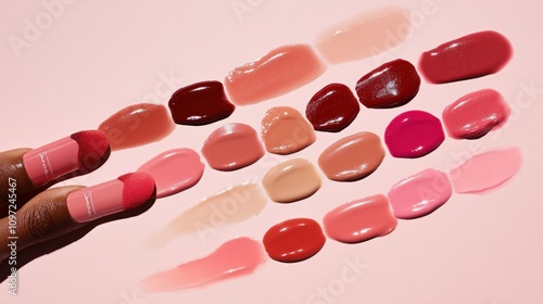 Various Shades Of Lip Gloss Swatches On Pink Background photo