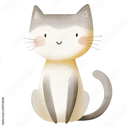 Cute gray and beige kitten sitting and smiling, a watercolor illustration