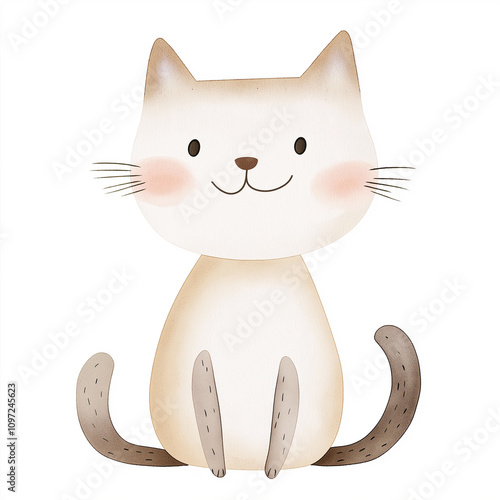 Cute beige cat sitting and smiling, a watercolor illustration