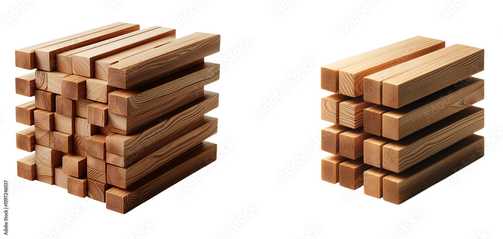 Two Stacks of Wooden Beams Arranged in Different Configurations isolated on transparent and white background Two Stacks of Wooden Beams Arranged in Different Configurations isolated on transparent and white background