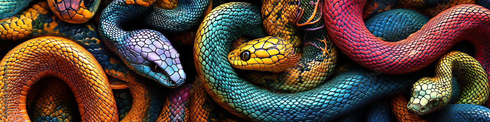 Obraz premium Slimy Snake Symphony: A group of colorful snakes intertwined in intricate patterns.