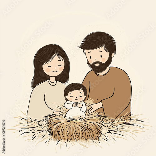 Holy family looking at baby jesus in the manger