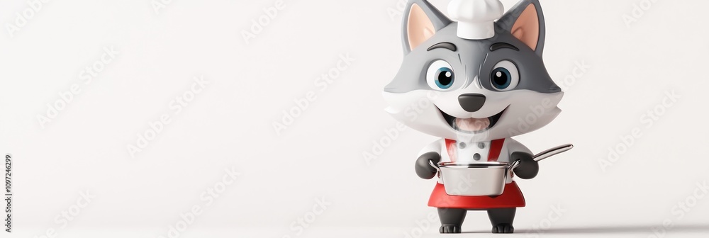 Cheerful cartoon wolf chef holding a pot and spoon, isolated on white background. Cheerful cartoon wolf chef holding a pot and spoon, isolated on white background.