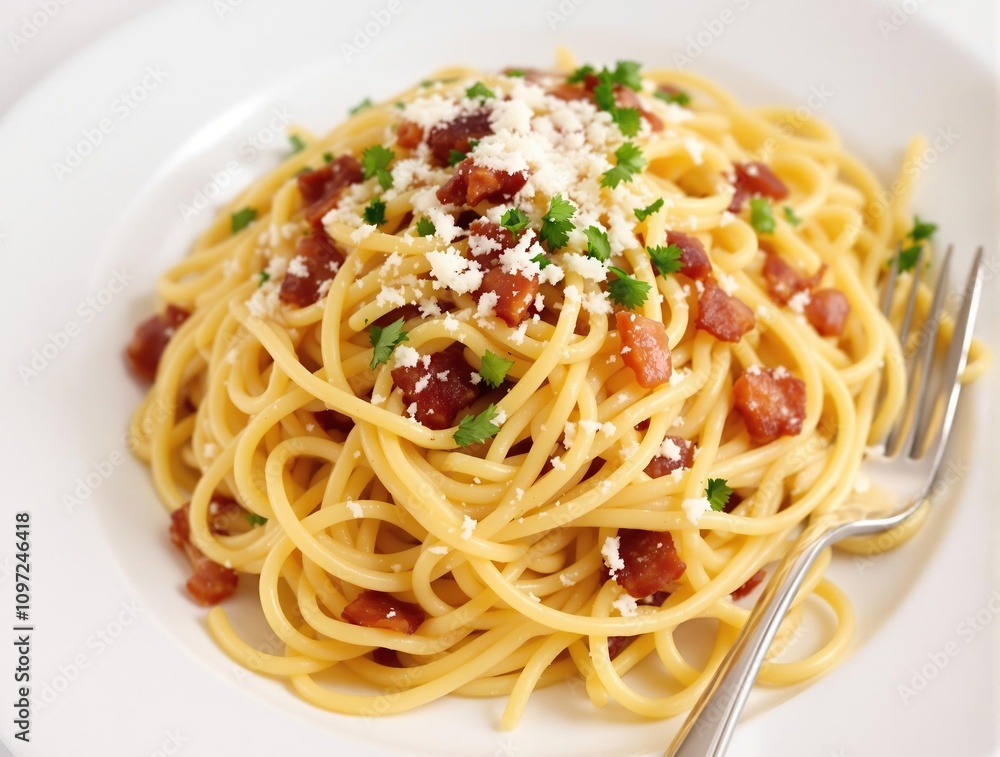 A plate of authentic spaghetti carbonara with creamy sauce, bacon, and grated cheese. A plate of authentic spaghetti carbonara with creamy sauce, bacon, and grated cheese.