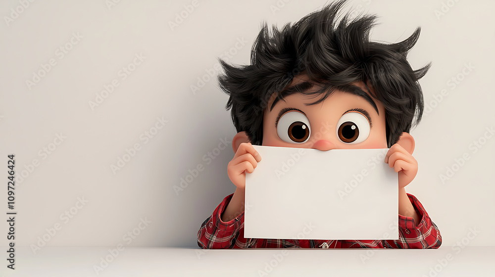 young boy with messy hair holds blank sheet of paper, looking curiously. His plaid shirt adds playful touch to scene, evoking sense of innocence and creativity young boy with messy hair holds blank sheet of paper, looking curiously. His plaid shirt adds playful touch to scene, evoking sense of innocence and creativity