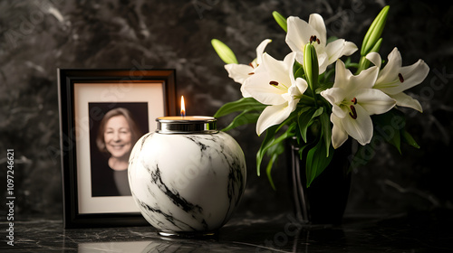 Sophisticated Memorial Arrangement with Black and White Marble Funeral Urn, White Lilies, and a Framed Portrait