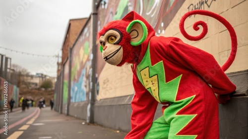 A cheeky monkey costume with a patchy design of bright red and electric green reflecting the chaotic energy of street art complete with oversized ears and a long curled tail. photo