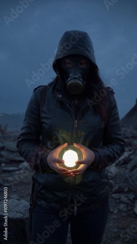 Stalker holding a glowing anomaly in Chernobyl's desolate zone.
