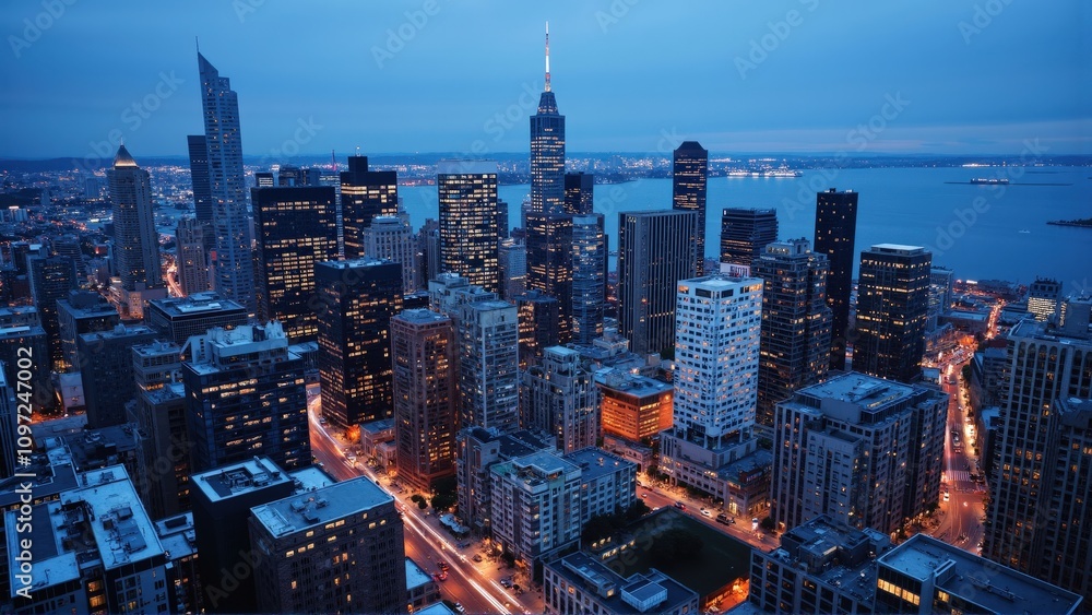 Fototapeta premium Generative AI, Dynamic Urban Skyline at Dusk