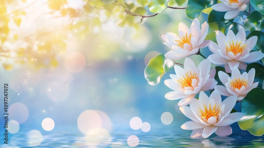 White water lilies blooming on a calm lake with bokeh background. White water lilies blooming on a calm lake with bokeh background.