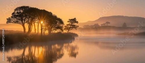 Sunrise over tranquil lake with misty trees and mountains.