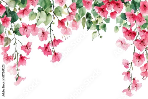 Fototapeta Naklejka Na Ścianę i Meble -  Beautiful watercolor illustration of pink bougainvillea flowers and green leaves creating a vibrant floral border. Perfect for invitations and greeting cards.
