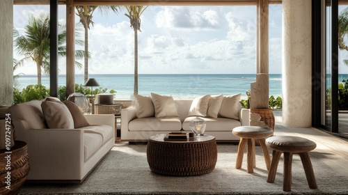 A luxurious beachfront home's interior featuring a sofa, armchair, stool, and side table