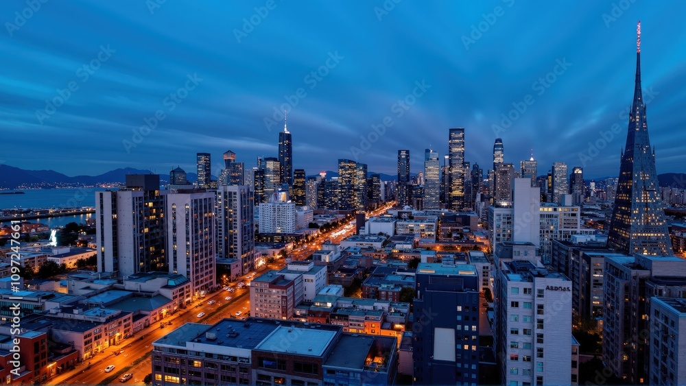 Fototapeta premium Generative AI, Dynamic Urban Skyline at Dusk